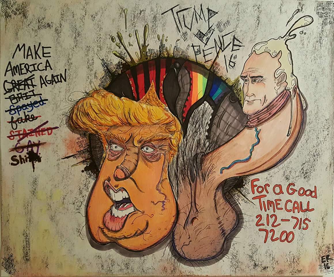EnragedRichard's tweet photo. "#donaldtrump &amp; #mikepence" share a #gloryhole. I drew this as a #campaignposter and it was auctioned off to support the #easttexas #LGBTQ community. #trump #pence #nsfw #politicalcartoon #satire #peniscaricature #Caricature #POTUS #POTUS45 #vicepresident https://t.co/bnPEPzRlN9