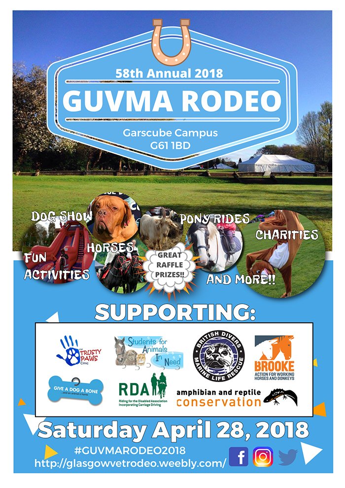 UofGlasgow's tweet photo. What is Rodeo fair? Find out all about our vet school’s largest charity event on April 28th! Great raffle prizes, food and fun! 🐎 @GUVMA_Rodeo https://t.co/DIz3mU0nRl https://t.co/VIvA5sJ0X4