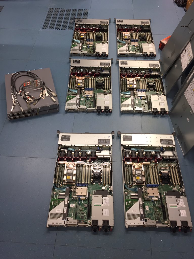 FFRhein's tweet photo. Preparing deployment - Overall Specs: 108 XeonGold 6150 2,7GHz Cores, 720Gbps interface bandwidth, 800Gbps switching capacity, all redundant power supplies #MoreBandwidthComing #Freifunk #AS201701 #Juniper #HPE #Mellanox #Intel #BGP #SDN #Bird #Dezentral #YOLO https://t.co/Tu2iSnA6Ji