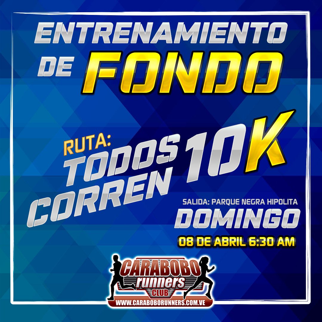 Todos Corren 10k

Mañana Domingo 08  estaremos realizando el entrenaniento de 10k en la Ruta del Todos Corren.

Salida Parque Fernando Peñalver.  (Fte a la Torre Movilnet)

Hora 6.30am

Llevar hidratación.

Viste de AZUL.