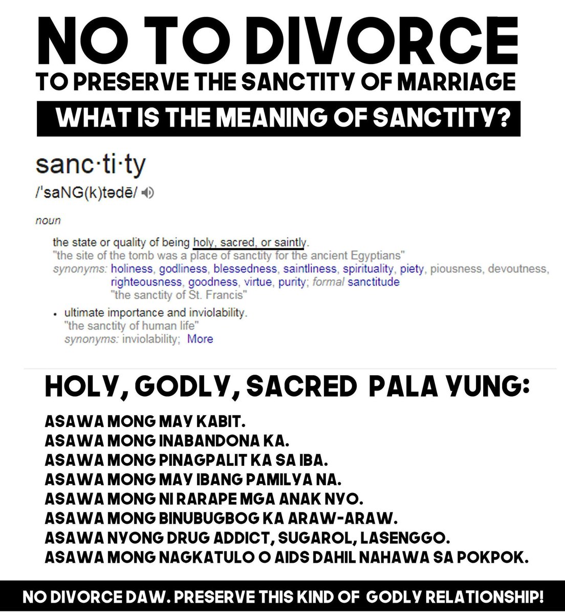pinaychakadoll's tweet photo. NO TO DIVORCE DAW. TO PRESERVE SACTITY OF MARRIAGE. Mga anti alam nyo po ba ang meaning ng sanctity? #divorcepilipinas #pilipinasgotdivorce https://t.co/UYNvjx6YSf
