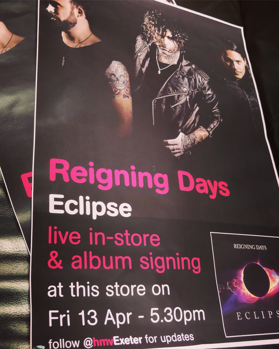 hmvExeter's tweet photo. Reigning Days will be joining us on Friday the 13th of April for a live in store performance & album signing to celebrate the release of their album ‘Eclipse’ 🎉 come down to HMV Exeter at 5.30 to see the boys in action 🎸🎤 #hmv #hmvexeter #reigningdays #eclipse https://t.co/1apGspLNvq
