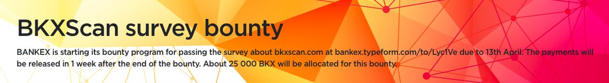 BANKEX's tweet photo. Take a service #survey and participate in the #BKXScan #Bounty until 13th of April to receive up to 115 BKX!
https://t.co/0akv7xQTXr
#BANKEX #BKX #Fintech #Ethereum #Blockchain #Giveaway #Cryptocurrency https://t.co/gPLWeIDcaD