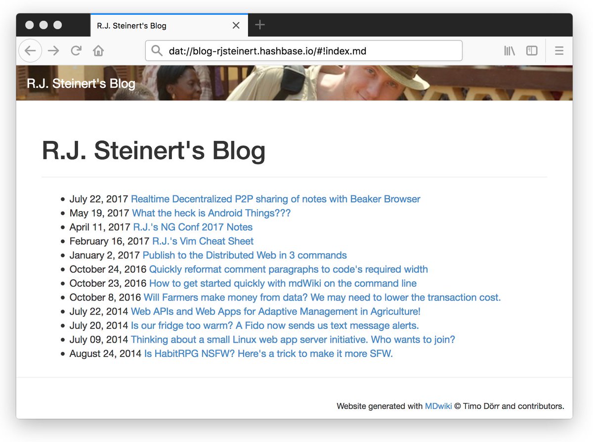 rjsteinert's tweet photo. Loading my blog from the P2P Dat Web for the first time in Firefox using dat-fox. It requires running commands on the command line but this is what a door opening looks like. The future is bright for the #p2pweb https://t.co/09SL299pE2 https://t.co/Rl4JwHT8wY