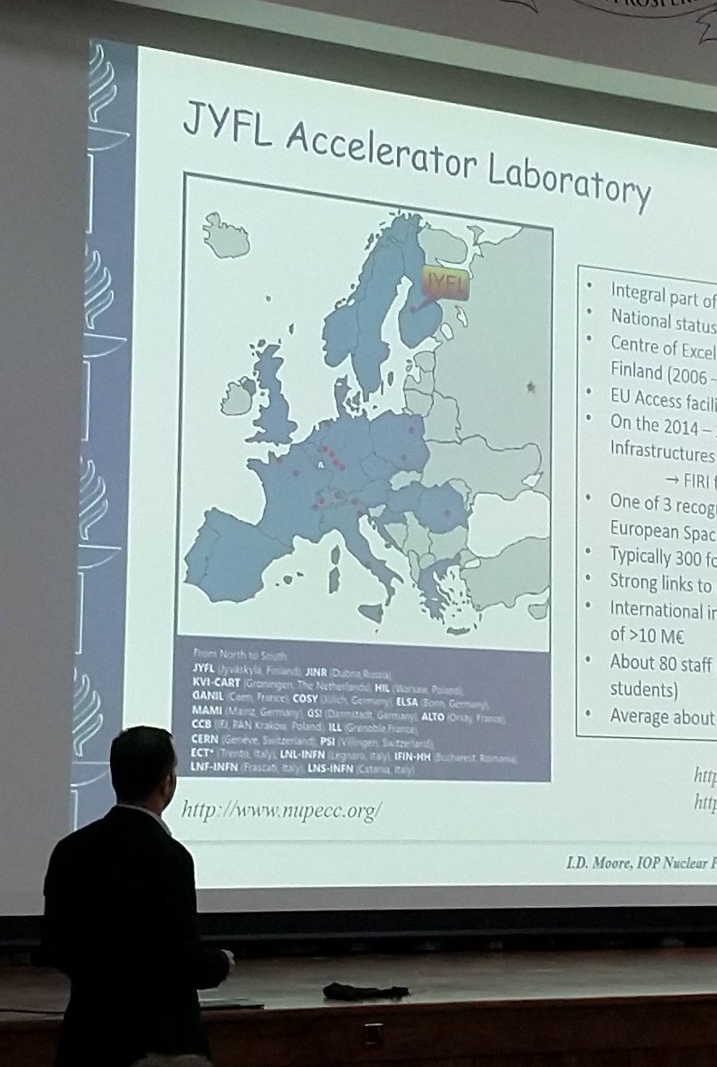 JohnFSmith's tweet photo. Yesterday, at #IOPnuc2018 in Paisley, Professor Iain Moore from the University of Jyväskylä gave a superb summary of the research activities at the JYFL Accelerator Laboratory. Very impressive world-leading research with strong UK involvement. Thanks Iain. #jyflacclab @jyscience https://t.co/igVvfE9a4e