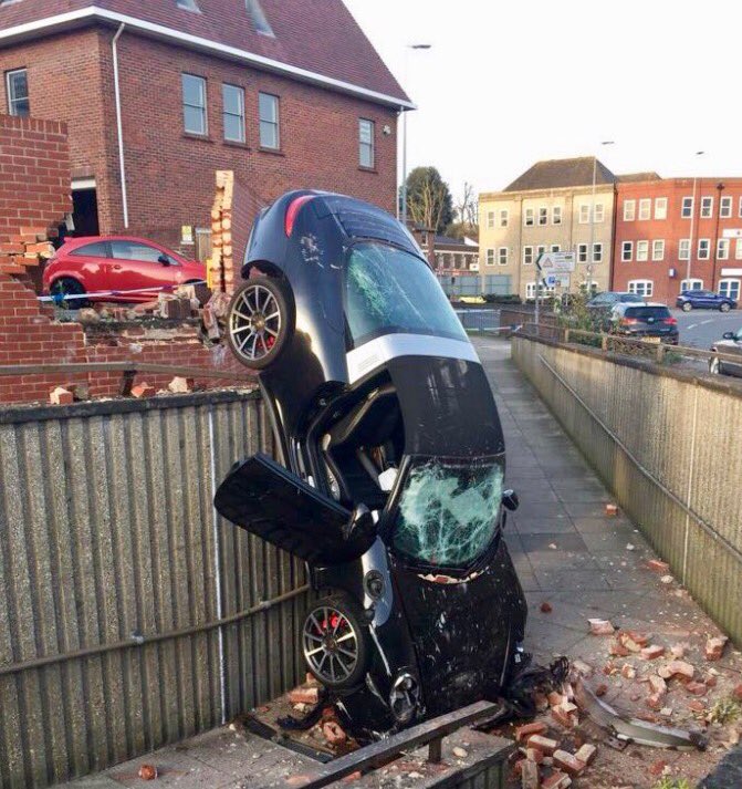 Colchesterviews's tweet image. Remember the Porsche guy? Well he was trying to open the barrier, and foot slipped onto accelerator, hit wall at 52mph. 
He has another one.