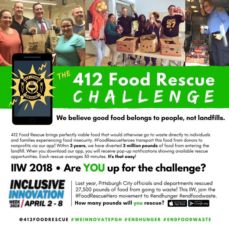 412FoodRescue's tweet photo. NOW's your chance to take part in the #InclusiveInnovationWeek #412FoodRescue CHALLENGE! 💚🙌🍎 Keep your eye on the app TODAY! There are lots of rescues headed your way! Will YOU be the hero to surpass 27,500 lbs rescued? #FoodRescueHeroes #WeInnovatePGH https://t.co/9ImMVKjZZv