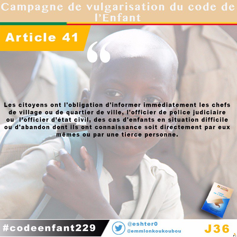 SogobaSouleyman's tweet photo. Thanks for the mention! eshter0: Jour36: À La découverte du code de l'Enfant
https://t.co/8ZigY33Gsq
#Codeenfant229
#Yalidakar
@cedric_aholou @jnoumonvi @AtmanBOUBA @seigla @stylineagbaz @wasexo @UNICEF_Benin @YaliTeam229 @koyeris @SogobaSouleyman @ais… https://t.co/mhdbYDOoZt