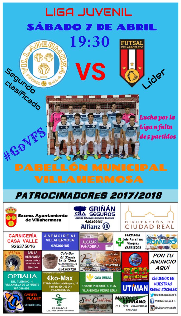 VillahermosaFS's tweet photo. Hoy no puedes fallar a la cita con el Juvenil.
19:30 Pabellón Municipal vs el líder!
#GoVFS https://t.co/GM4EyDWQnc