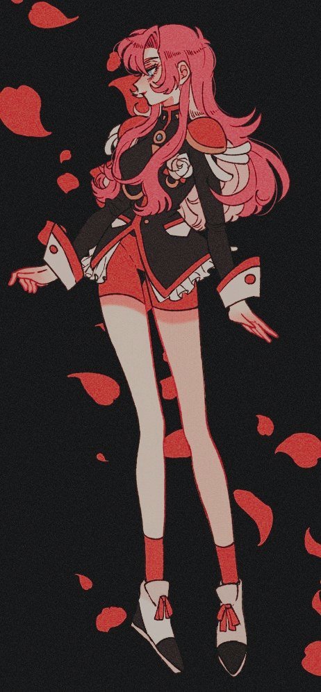 1girl solo long hair pink hair red shorts petals epaulettes  illustration images