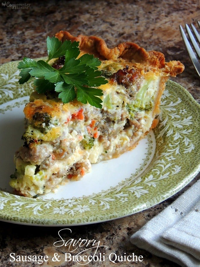 Mmmm....Savory Sausage &amp; Broccoli Quiche 

Super easy &amp; delicious!

cozycountryliving.com/savory-sausage…