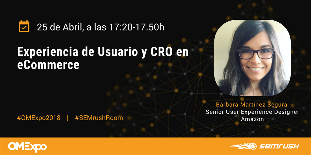 semrush_es's tweet photo. El programa de #SEMrushRoom cuenta con la charla de @babs_77 de @AmazonESP sobre la importancia de la experiencia de usuario para un #ecommerce. Agenda completa aquí  👉 https://t.co/lDvRczL7rG #OMExpo2018 #UX https://t.co/ZfMkxV3mQi
