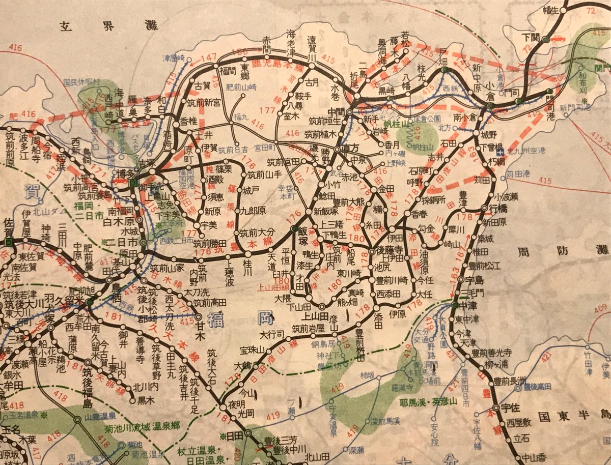 1974年2月号の時刻表から、国鉄バスの路線図。九州、中国、四国地方。