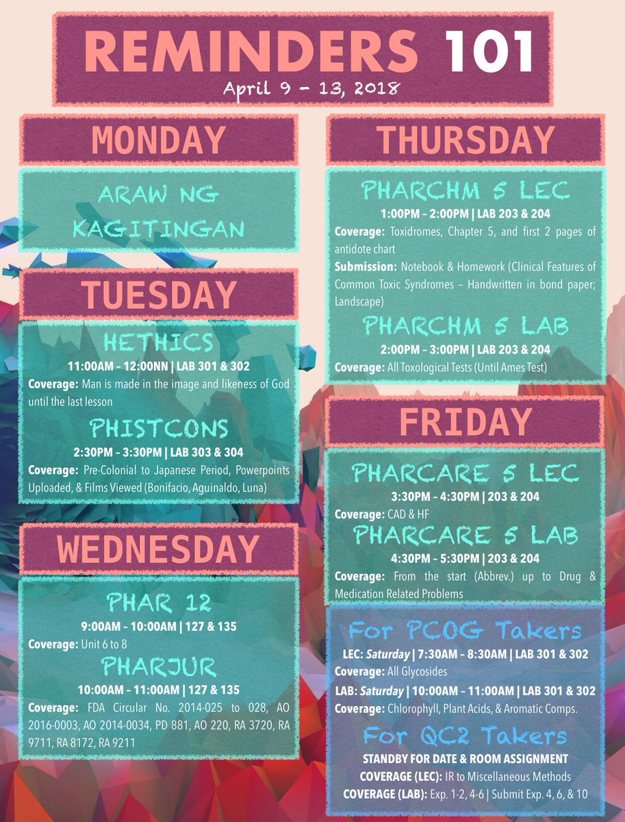 ustbpharmacy's tweet photo. [REMINDERS 🚨] For next week, April 9 to 13! 😙 https://t.co/SAxPWCHh8m