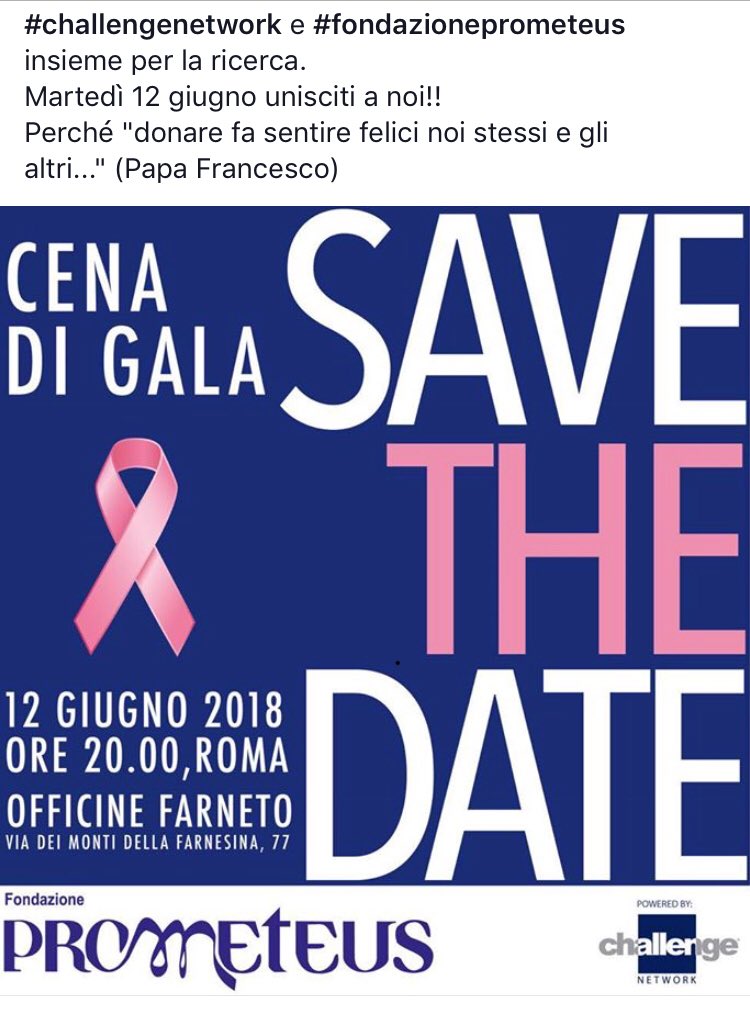 robertosantori's tweet image. #challengenetwork e #fondazioneprometeus insieme per la ricerca.
Martedì 12 giugno unisciti a noi!! 
Perché &quot;donare fa sentire felici noi stessi e gli altri...&quot; (Papa Francesco)