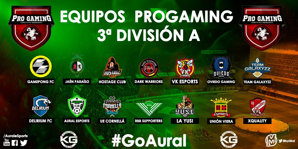 🏆<a href="/ProGamingCT/">ProGaming</a> 3ª División A
Un auténtico desafío. Nivelazo de rivales en nuestra temporada como recién ascendidos.
Lo daremos todo e intentaremos competir en todo momento. #NewEra #GoAural