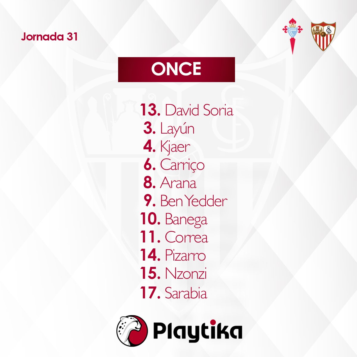 SevillaFC's tweet photo. ONCE del #SevillaFC ante el @RCCelta 💪💪 

#vamosmisevilla #CeltaSevillaFC https://t.co/YtCwsUlQvP