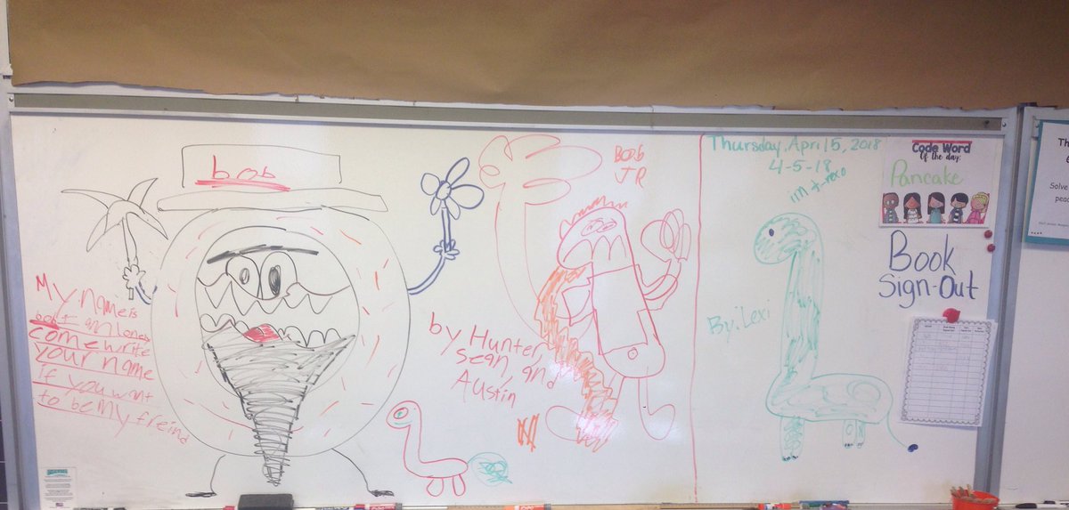MrsBrillTweets's tweet photo. Room 205 loves to draw on the whiteboard during indoor recess. Here are some creations from this week. I'm loving the band! #205fun https://t.co/XRd5b22U6g