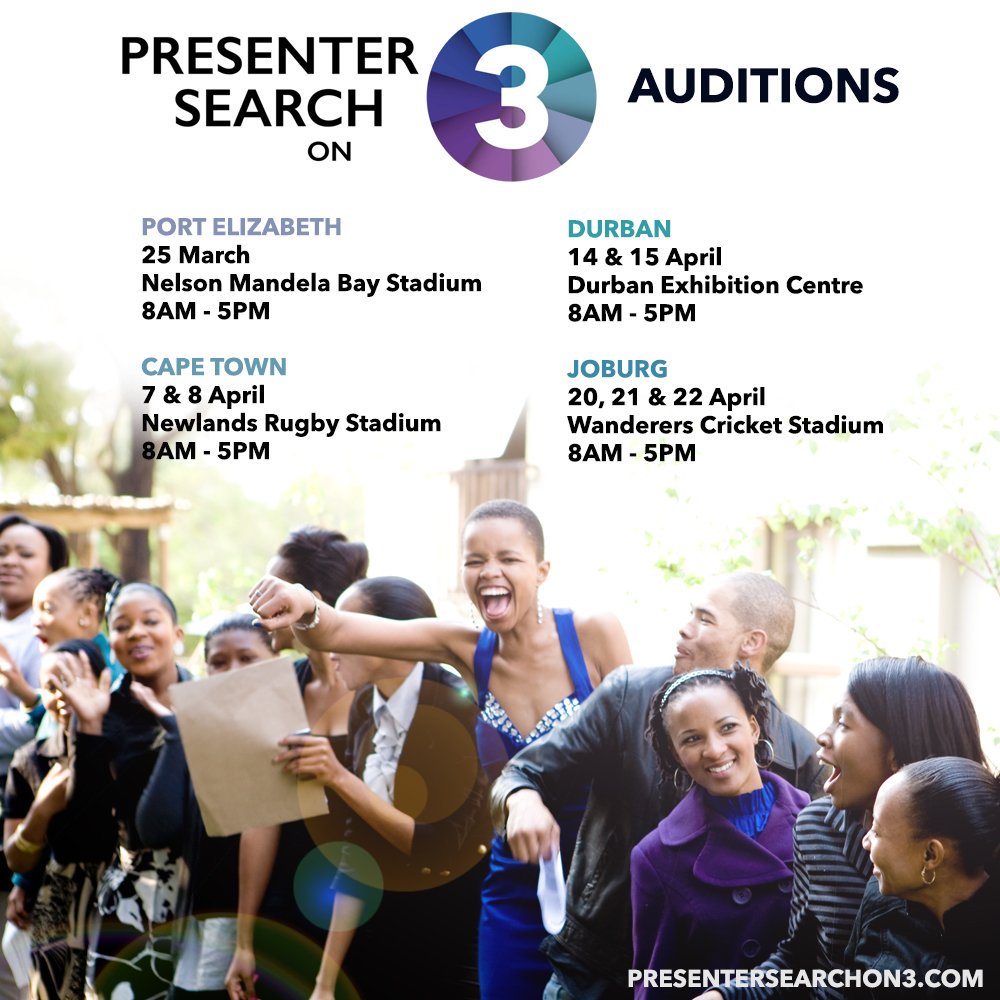 TvMzansi's tweet photo. #PresenterSearchOn3 Are you in Cape Town & think you have what it takes to become the next big thing on TV? Get to Newlands Rugby Stadium today auditions are open till 5pm or tomorrow Sunday 8 April and audition for the #BeFoundOn3 @BeFoundOn3. Details: https://t.co/Aop9zVPbFn