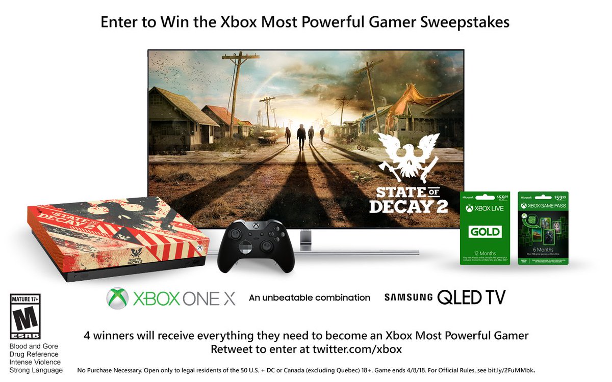 Xbox's tweet image. RT and follow for a chance to win: 
• Custom-branded Xbox One X
• 12 months of Xbox Game Pass &amp;amp; Gold
• @SamsungUS 55" QLED 4K TV
• Xbox Elite Wireless Controller
#PAXEast #XboxSweepstakes NoPurchNec. Ends 4/8/18. Rules: xbx.lv/2HhVzfd