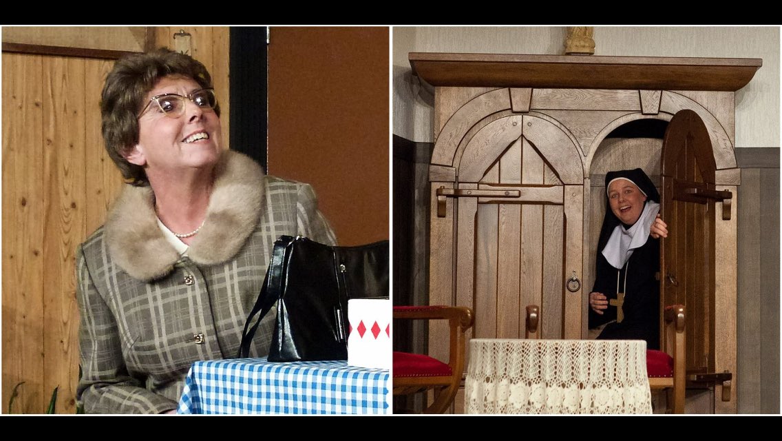 Jeanne Mulders, links te zeen als Dora van den Homberg (2015, Waat ein gekkehoés) en Charlot Derkx, rechs als zuster Anna (2013, Schandaal in Mariënthal), speule vanaovend als Pien Vandonderen en Martha Muijs elk eur 65e veurstelling!