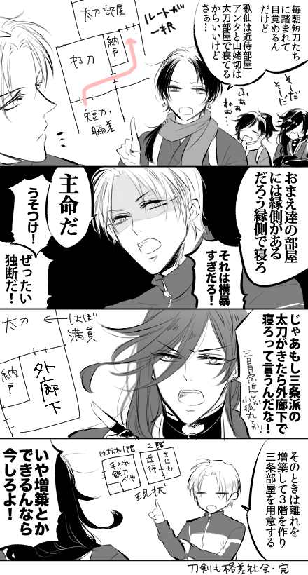 たいがいの本丸って大邸宅やけど、もしうちの本丸がおばあちゃんち（田舎の平均的な日本家屋）で刀剣男子たちが部屋にぎゅうぎゅうになって暮らしてたらってやつ 