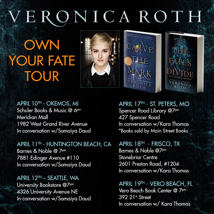 Want to meet Veronica Roth? Now's you chance! Catch her on the "Own Your Fate" tour for THE FATES DIVIDE!!!! carvethemarkbooks.com