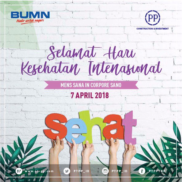 PTPP_ID's tweet photo. Selamat Hari Kesehatan Internasional, Sahabat PP! ππ·π
Stay healthy and stay happy.πͺπͺπͺ
#growthforasean
#aseanclasscompany
#PTPP https://t.co/0I7UnfMLwD
