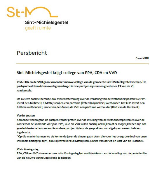 PPA, CDA en VVD gaan samen het nieuwe college van <a href="/gem_StmGestel/">Sint-Michielsgestel</a> vormen. De partijen besloten dit na overleg vandaag. De drie partijen zijn samen goed voor 13 van de 21 raadszetels.