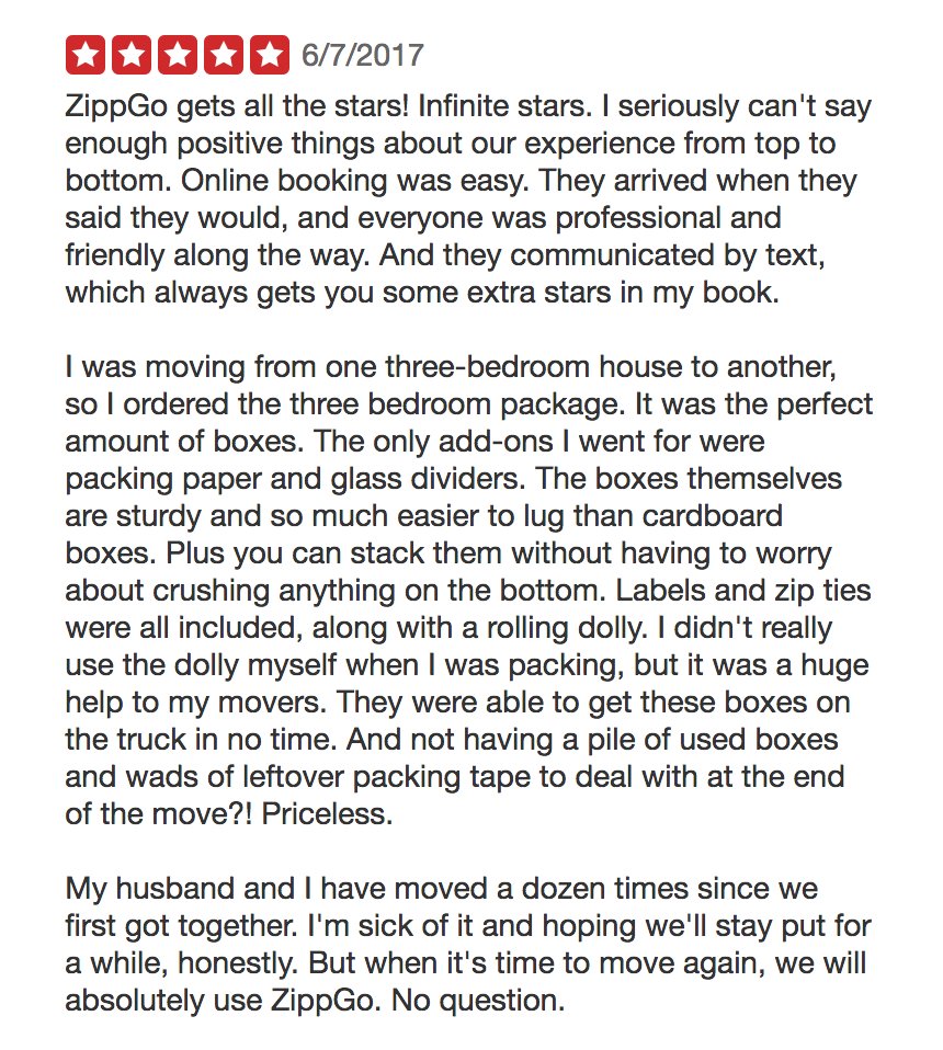 zippgo's tweet photo. Amazing Yelp review from Amy in San Jose. Thank you, Amy! #movingday #movingboxes #rentmovingboxes #zippgo #craterental #movingcrates https://t.co/GKEPDDhZme