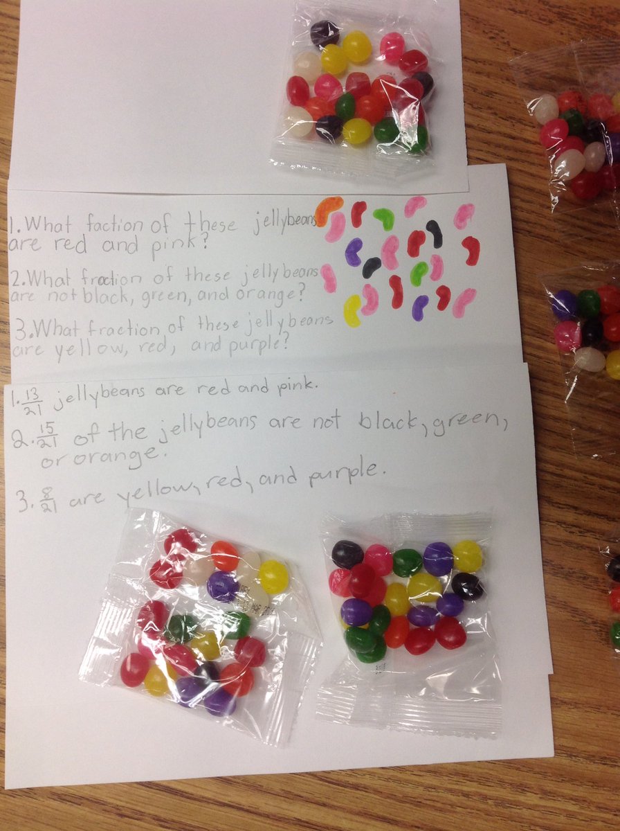 SusanPeachy's tweet photo. @IRaCoyote  #coyotesconnect  Mathematicians enjoyed creating their own unique word problems with jellybean math to culminate our fractions unit yesterday. https://t.co/JWRHGeDYWf