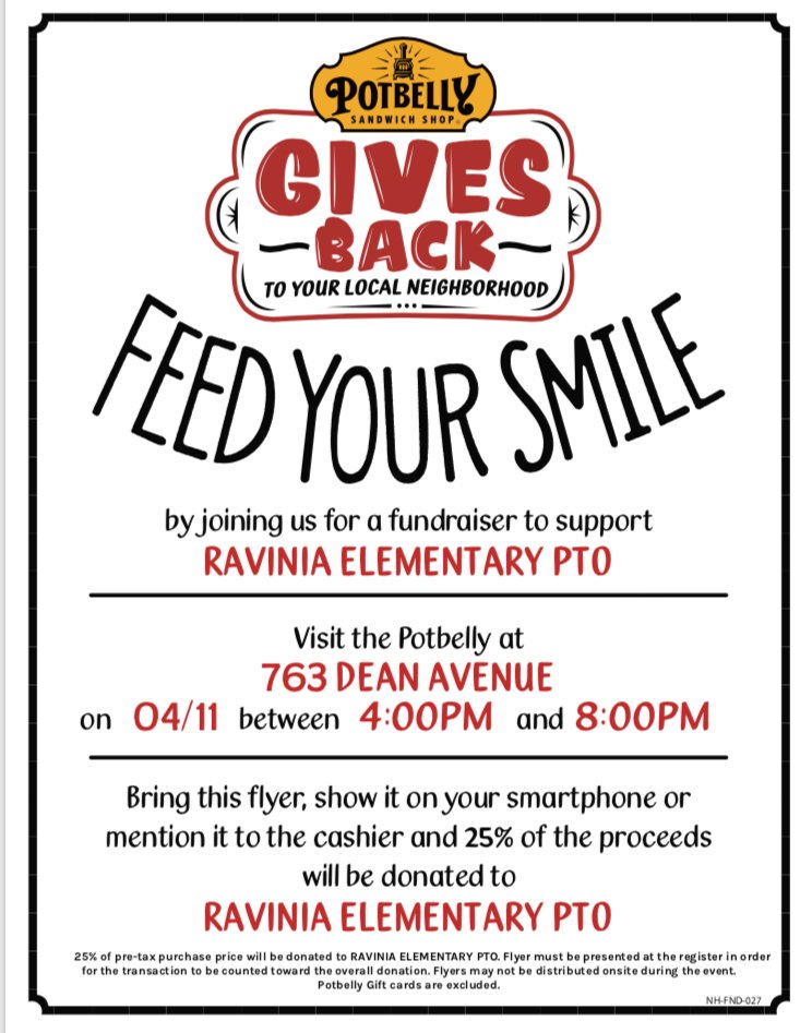 Shakes, sandwiches and music: Our next Night Out with Rocky will be from 4-8 p.m. Wednesday, April 11 at Potbelly's in Highland Park! At 6 p.m., Ravinia School's 4th grade orchestra will perform at the restaurant. Potbelly's will donate 25 percent of the proceeds to Ravinia PTO.
