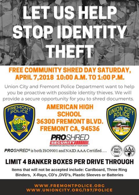 FremontPD's tweet photo. Bring your paper documents to American High School today until 1:00 pm and we’ll shred them for you! 

#StopIDTheft #PublicSafety #CommunityPartnerships #FreeEvent https://t.co/y7DuNvOyAf