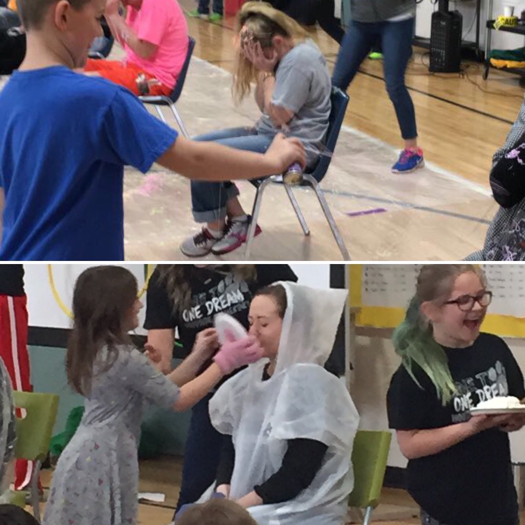 StephEwing15's tweet photo. Last year: silly string 
This year: pie in face 
Next year: hiding 

#woodsidepride #marchisreadingmonth #readathon https://t.co/2yv1rZJNSP