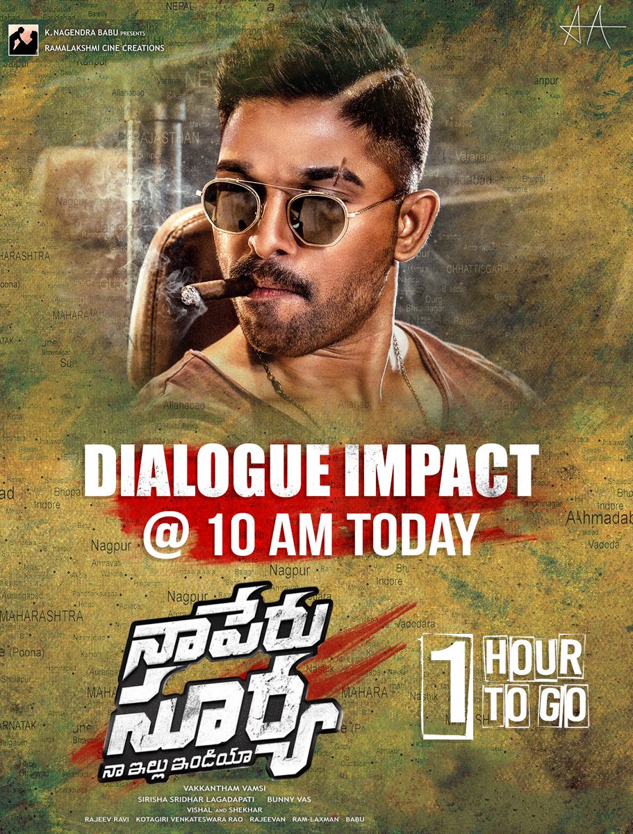 RCCOfficial's tweet photo. The wait has almost come to an end! #NSNIDialogueImpact will be out in an hour. Stay tuned!

#HBDStylishStarAlluArjun #NaaPeruSuryaNaaIlluIndia @alluarjun https://t.co/ktRdY9xklT