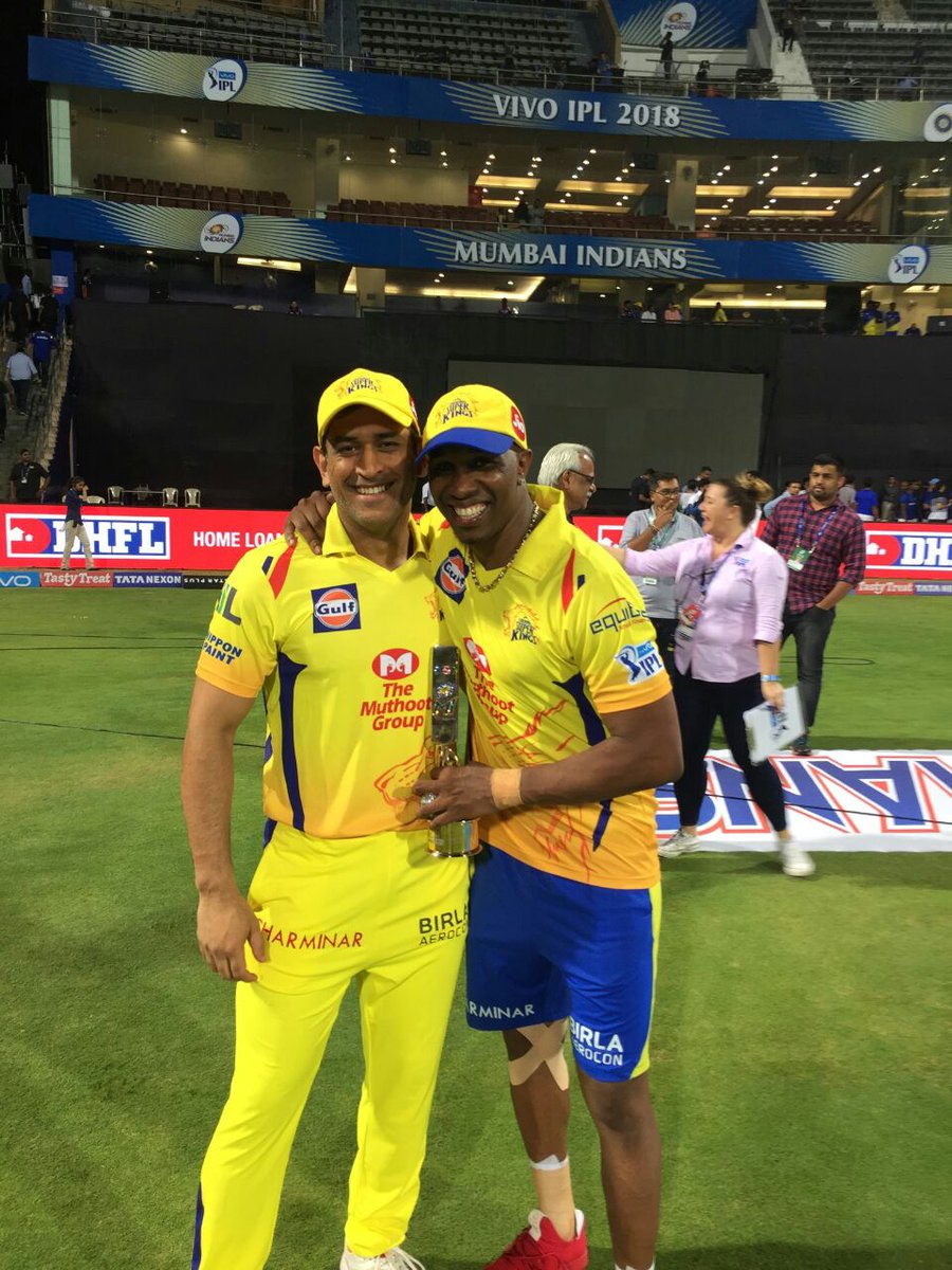 CSKFansOfficial's tweet photo. "Bravo dedicates his Man of the Match Award to Thala M.S.Dhoni" 
- Russell (Team Manager) 
Thanks for sharing this @russcsk!
@DJBravo47 @msdhoni
#WhistlePodu #CSK #MIvCSK https://t.co/9vtnsRpj9L