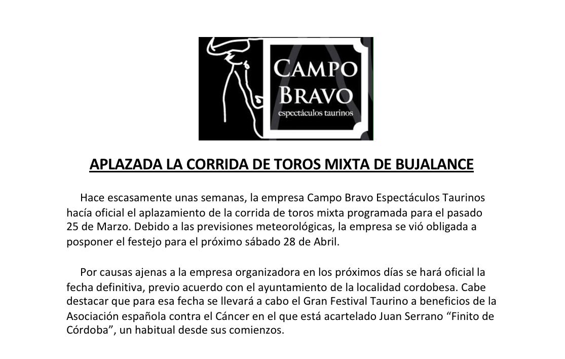 campobravosl's tweet photo. ⚠️ÚLTIMA HORA

Aplazada la corrida de toros mixta de #BUJALANCE 

▪️@LeaVicens 
▪️@PrensaJSFino 
▪️@inforocioromero https://t.co/HE52aulQ2L