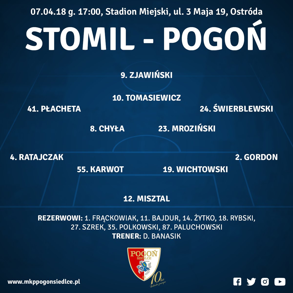 MKPPogonSiedlce's tweet photo. Skład na mecz z @StomilOlsztynSA #STOPGS https://t.co/yiGG17onTE