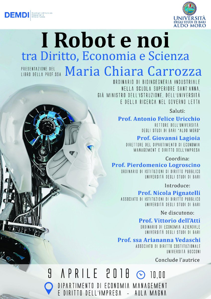 Lunedì, in occasione dell'incontro pubblico con <a href="/MC_Carro/">MariaChiara Carrozza</a>, <a href="/Giangidegennaro/">Gianluigi de Gennaro</a> presenterà <a href="/balab_bari/">balab_bari</a> e le realtà più brillanti sul tema #Robotica, ossia <a href="/robot4children/">robot4children</a> con Nadja De Carolis e OPTIP HoloHealth con Monica Carella.
<a href="/unibait/">Uniba.it Aldo Moro</a> <a href="/PredictBari/">Predict Healthcare</a> <a href="/Annademaloi/">Annamaria Demarinis</a> <a href="/giupalestra/">Giuseppe Palestra</a>