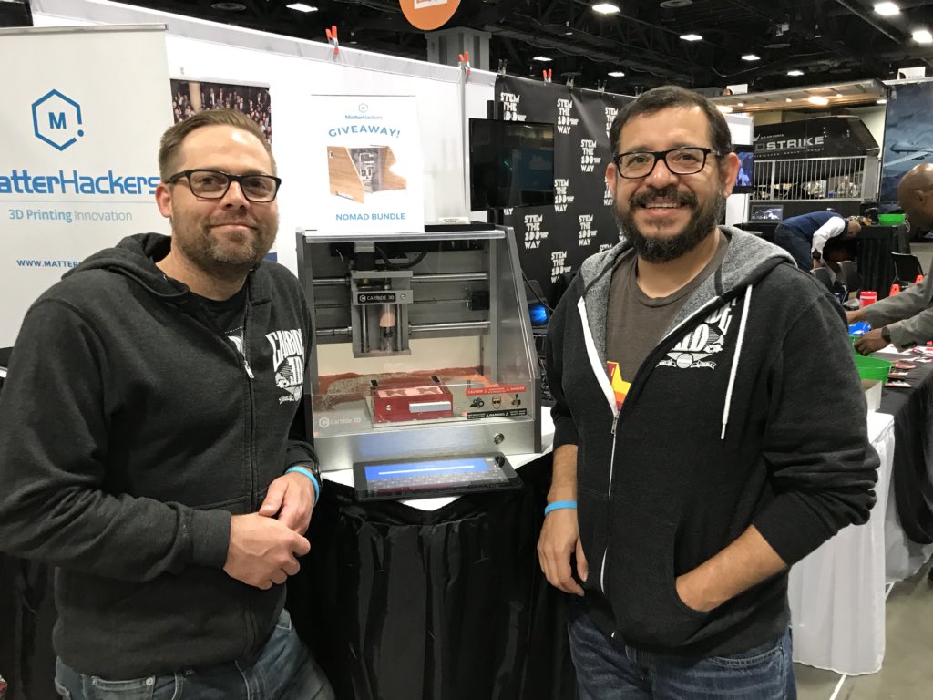 yesIMADE3D's tweet photo. If you see a great product, look for people that made it! I just met Jorge and Ed, inventors of the #nomadpro cnc router. You can see it at @USAScienceFest - booth #1954 today and tomorrow. https://t.co/g2pHDhXdbB