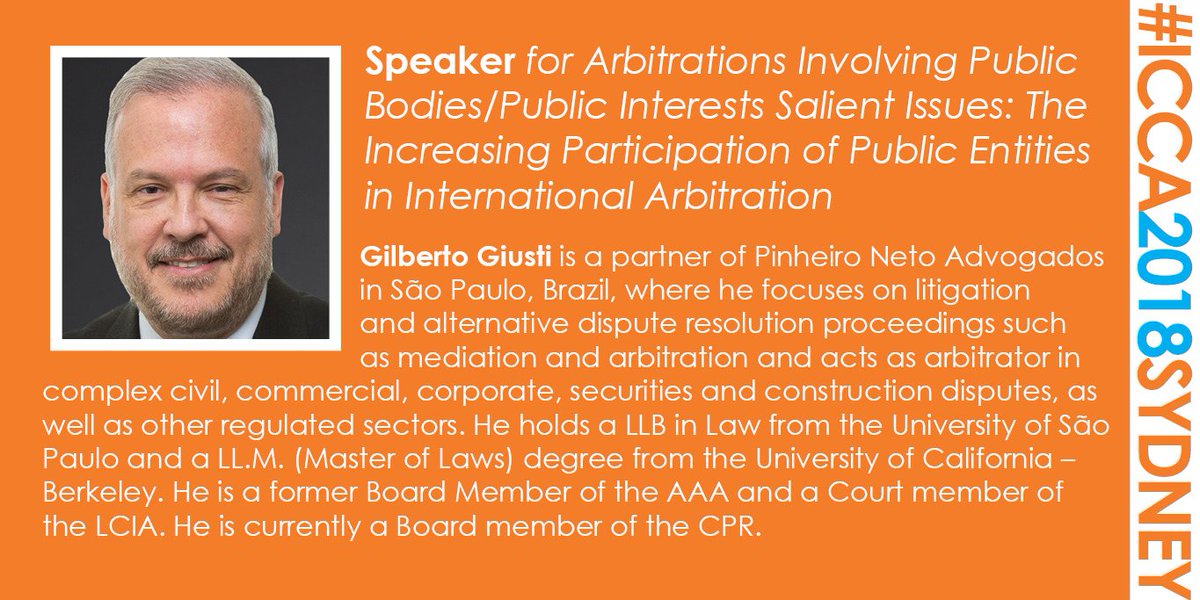Meet the final Speaker for the panel on the increasing participation of public entities at #ICCA2018Sydney: Gilberto Giusti. For the full preliminary programme and Congress registration details visit: icca2018sydney.com   . #MeetTheSpeakers