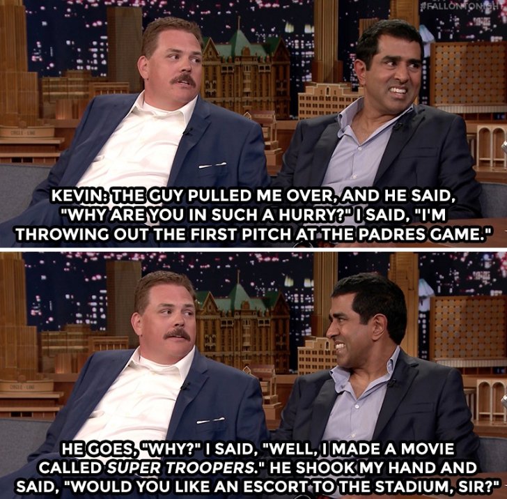 FallonTonight's tweet photo. Being in @SuperTroopers gets @jaychandrasekha &amp; @HeffernanRules out of trouble with real troopers https://t.co/WrWSCrc4cK https://t.co/UJ4ghrWAhc