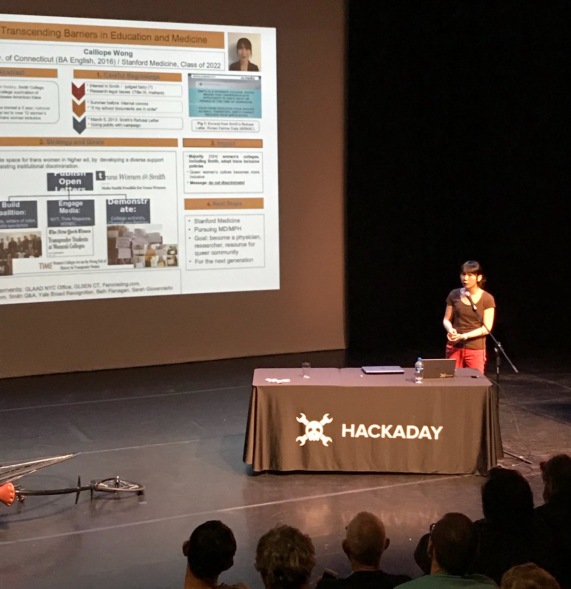 RSDesignSpark's tweet photo. Calliope Wong is introducing her project of create space for trans women in higher education by developing a diverse support platform and resisting institutional discrimination #HackadayUncon https://t.co/Vc41K6QbcV