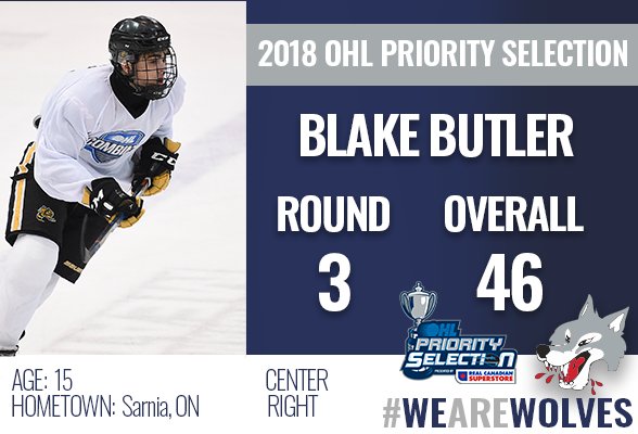 Sudbury_Wolves's tweet photo. The Sudbury Wolves are pleased to select Blake Butler from the @JrSting_MMAAA in the 3rd round of the 2018 OHL Priority Draft.

#OHLDraft #WeAreWolves https://t.co/eEoq2bSOzF