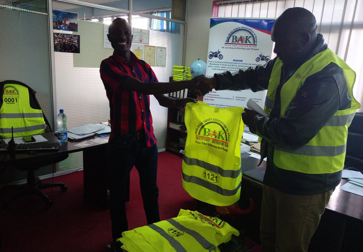 BodaAssnofKenya's tweet photo. #BrandYourself today our National chairman handed over more than 200 branded reflector jackets to our NRB county officials in his office as we work towards improving security in the county all have unique numbers. @EstherPassaris @KenyanTraffic @citizentvkenya @Ma3Route @KTNNews https://t.co/QhFe5ielmG