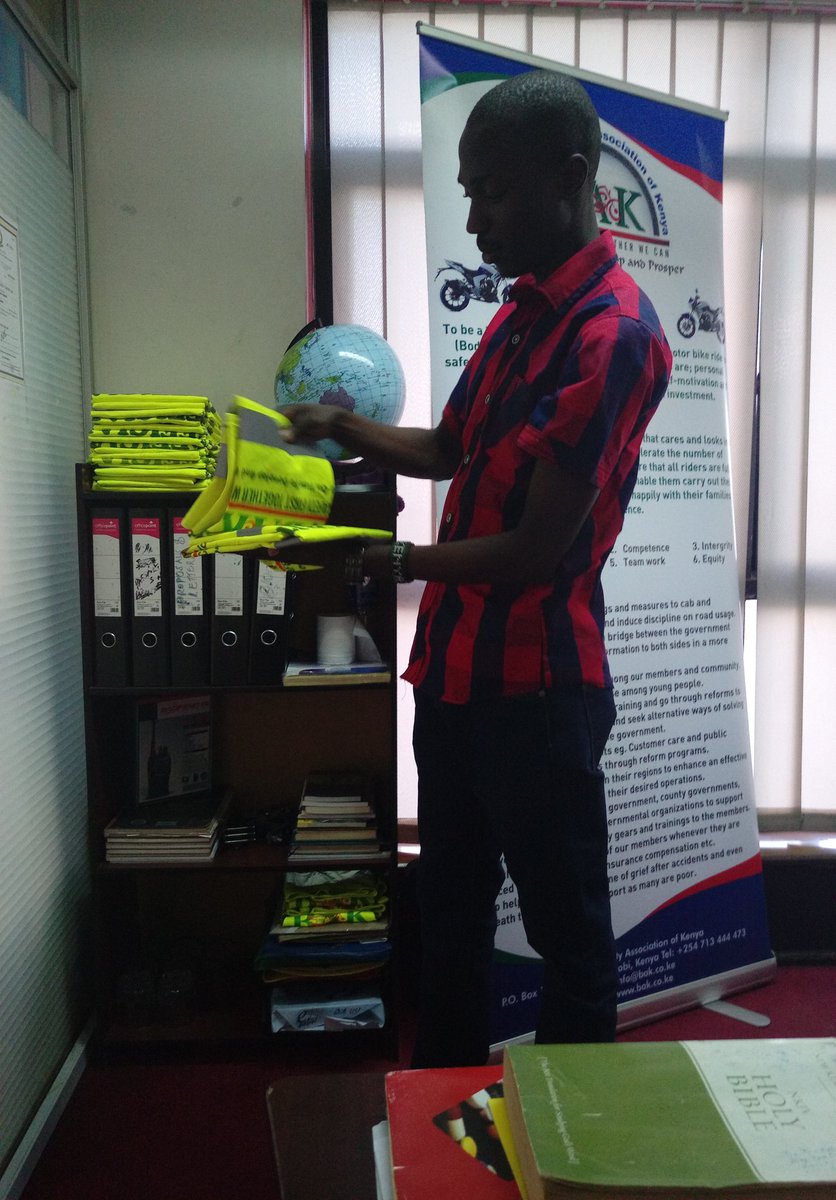 BodaAssnofKenya's tweet photo. #BrandYourself today our National chairman handed over more than 200 branded reflector jackets to our NRB county officials in his office as we work towards improving security in the county all have unique numbers. @EstherPassaris @KenyanTraffic @citizentvkenya @Ma3Route @KTNNews https://t.co/QhFe5ielmG