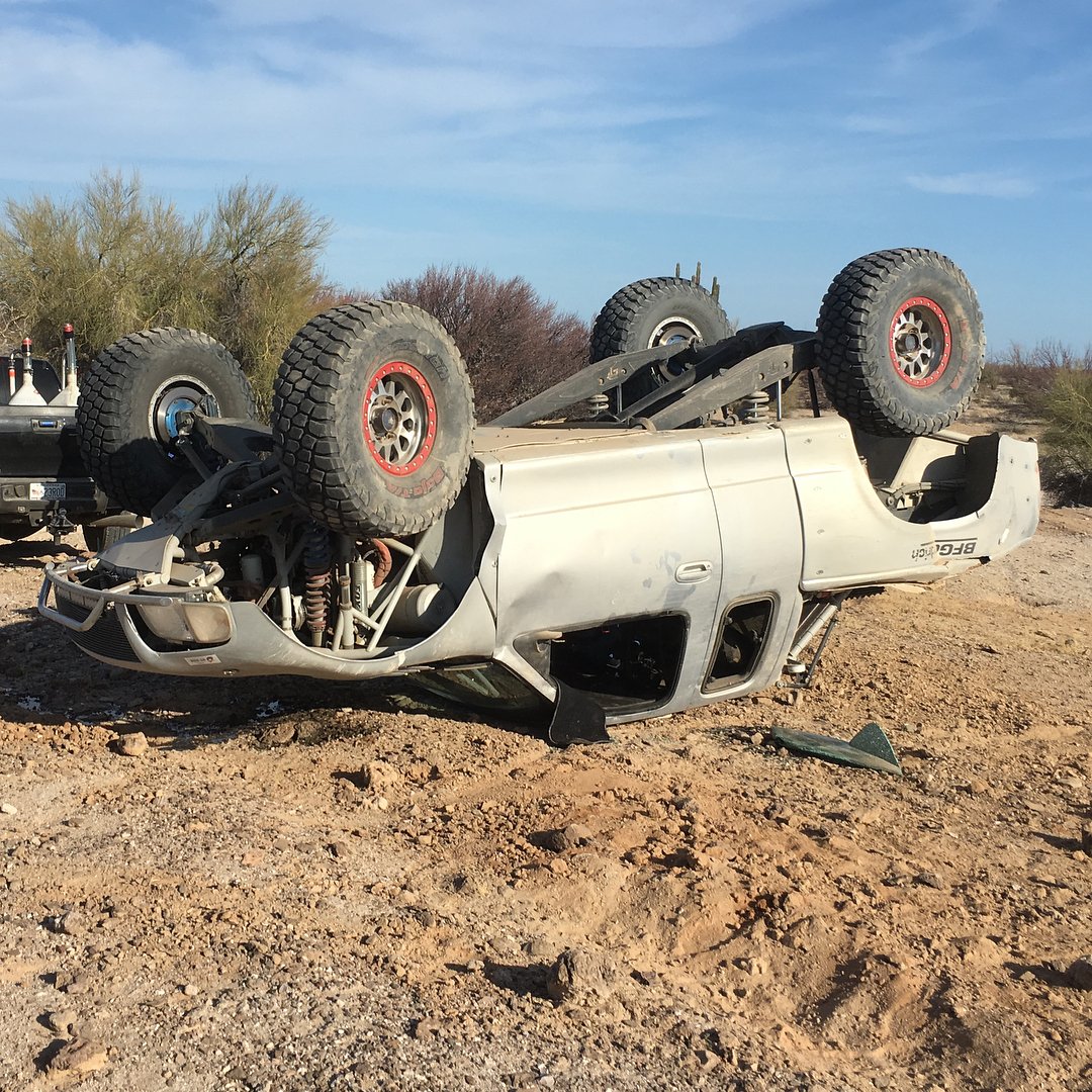 Slow up-on-two-wheels until gravity took over! Dan McMillin #prerunner with a few roof dents.... facebook.com/Tecate.SCORE.B… …