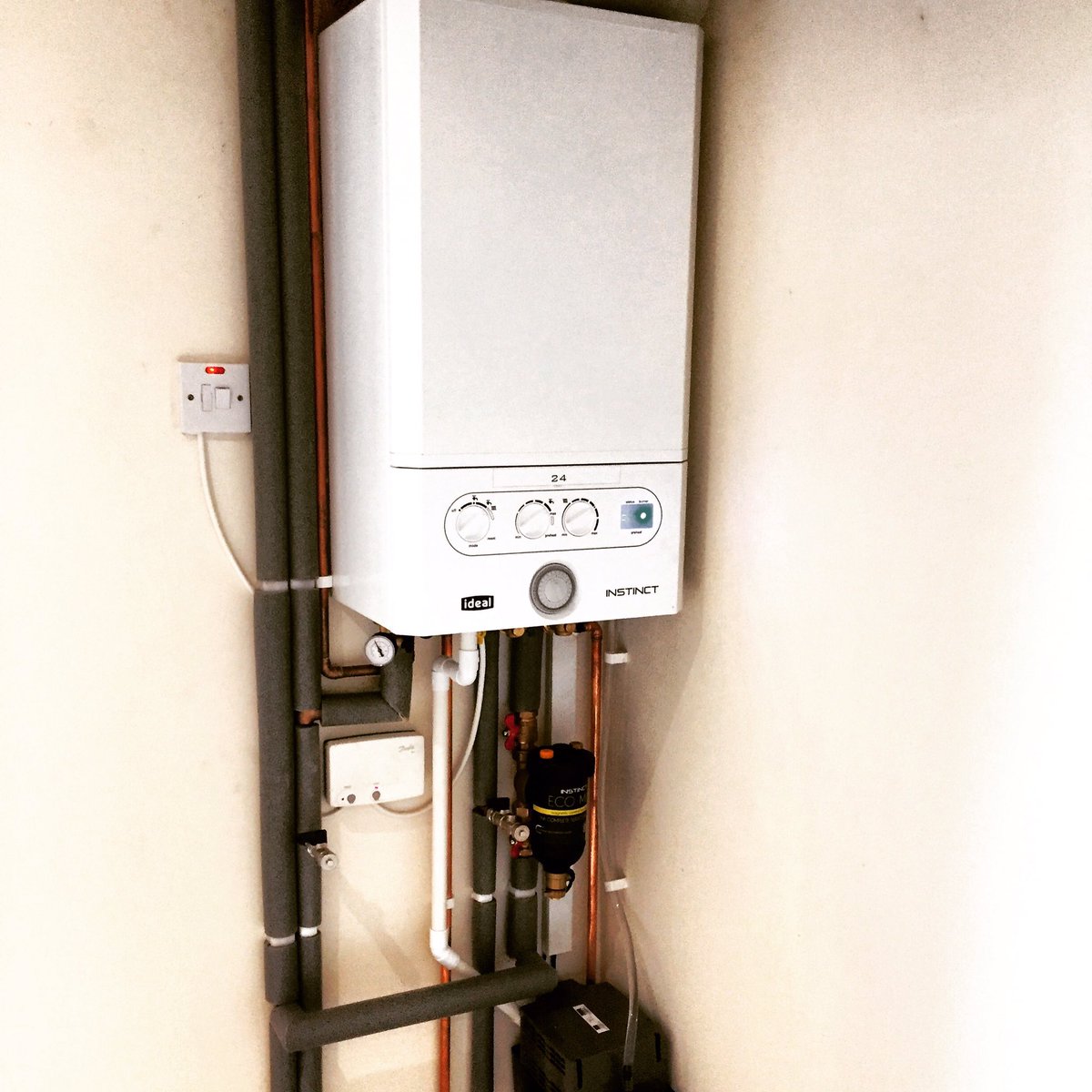 There's always a solution! This brand new condensing combi boiler fitted in the cellar of a house renovation utilises a pump to send condensation up to a drain at ground level. Any issues can be overcome - just give us a call for a chat!  #houserenovation #huddersfield