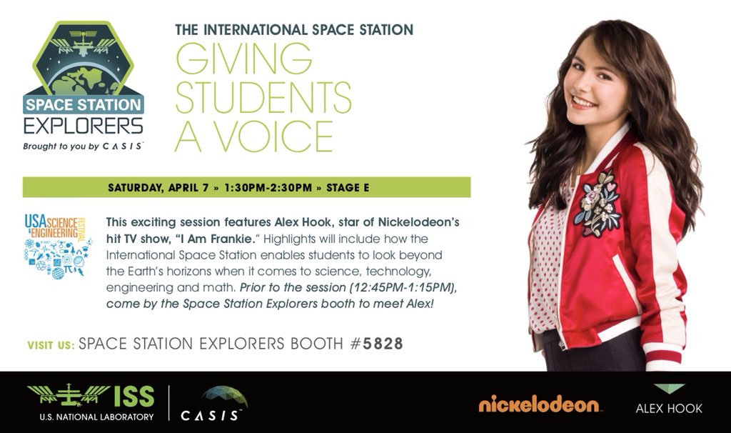 ISS_CASIS's tweet image. Get ready, #SciFest! @_alexhook, the star of @Nickelodeon’s hit show #IAmFrankie, will be joining us for a special stage show presentation at 1:30pm ET on the Einstein Stage in Hall E! Meet her at our booth at 12:45pm!
