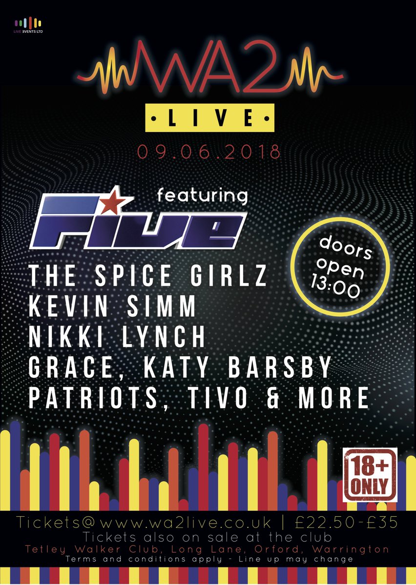 Liveeventsltd's tweet photo. Join @Official5ive @kevinsimm and many more on the 9th june 2018 for tickets see https://t.co/8o5JjvZC8J #wa2live #warrington https://t.co/YS5y0DIEL8